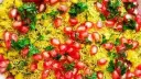 Gujarati Surati Sev Khamani – Crispy Chana Dal Dhokla Snack with Pomegranate Pearls