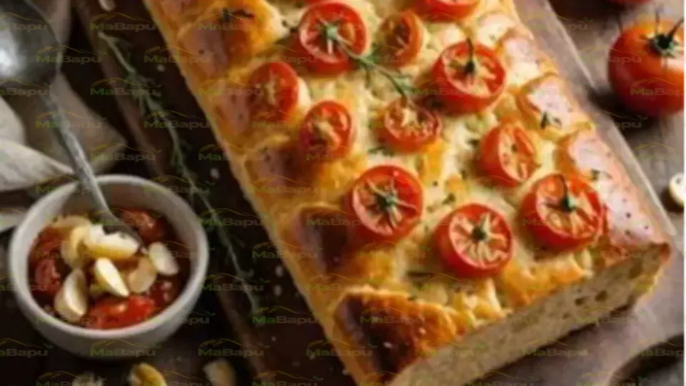 No-Knead Dimpled Artisan Focaccia with Rosemary, Roasted Cherry Tomatoes & Maldon Sea Salt (Easy 2‑Hour Bread)
